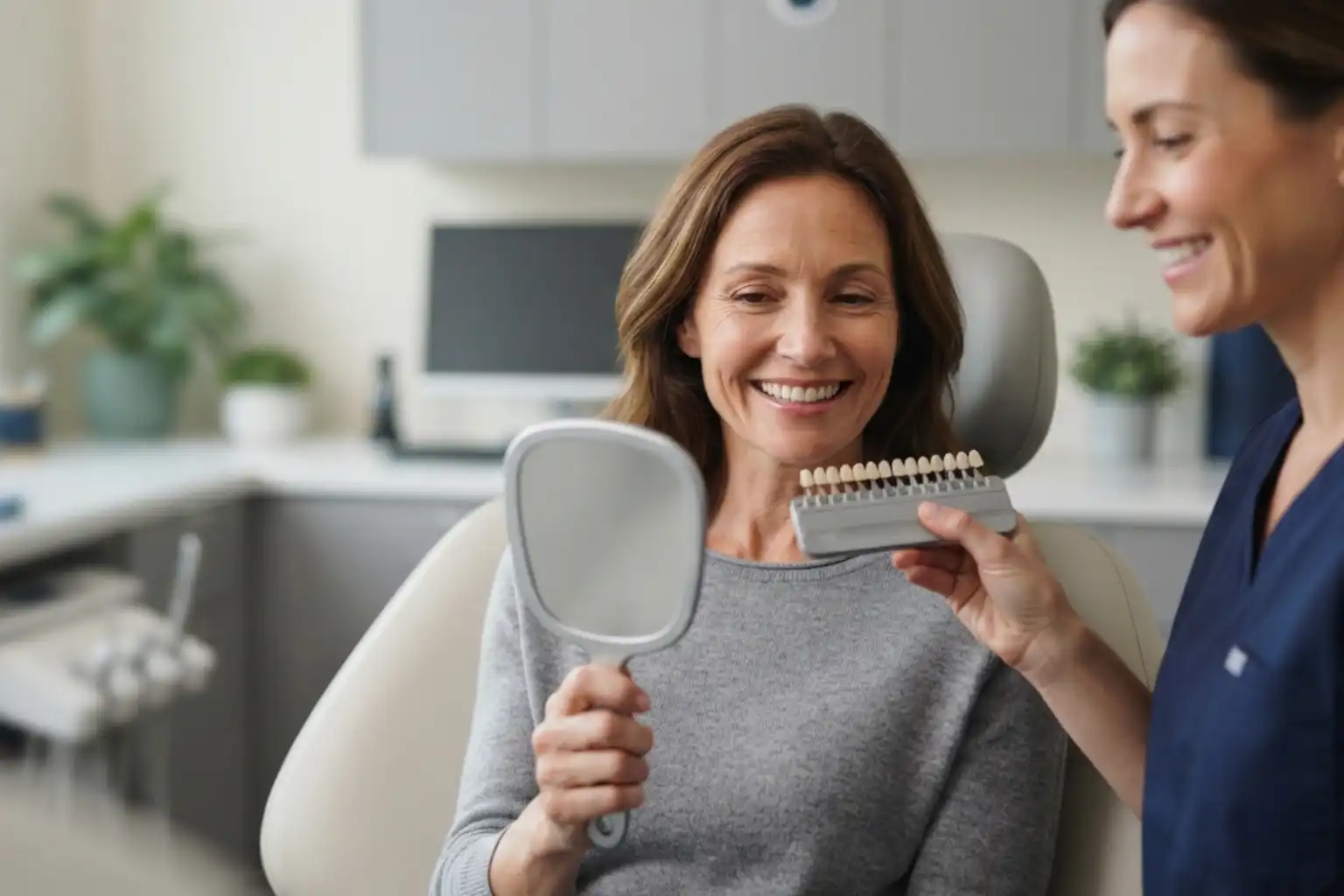 A patient smiling after professional teeth whitening at a dental office