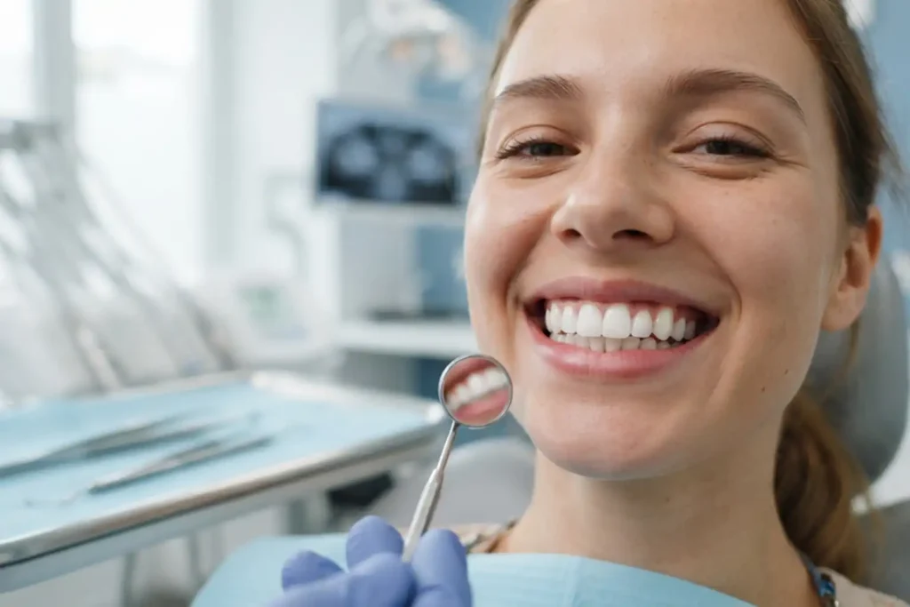 A smiling patient in a dental chair during a cosmetic dentistry visit