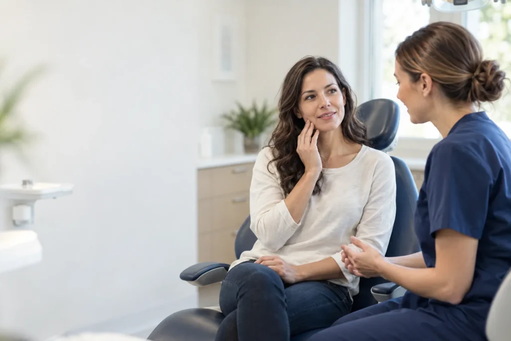 A patient holding her jaw describes tooth pain to a dentist