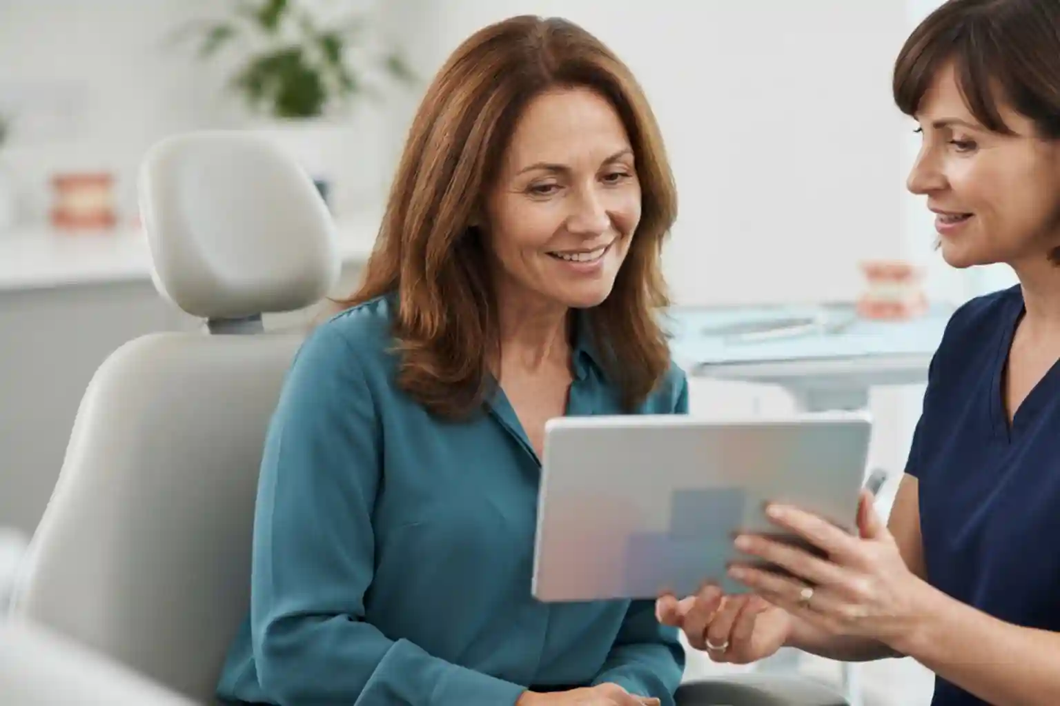 A dentist and patient reviewing a digital smile plan on a screen together